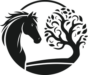 Vector silhouette of a horse with forest tree