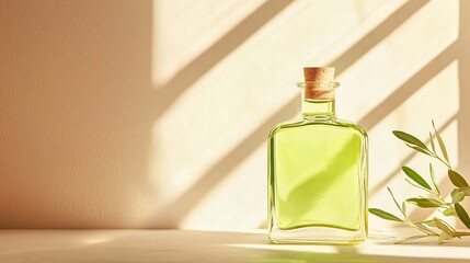 Olive Oil with Benefits Concept. Green Glass Bottle with Cork and Natural Light