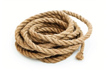 Obraz premium A beautifully coiled natural rope resting on a clean surface, showcasing its intricate texture and rustic charm isolated on transparent background