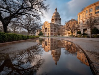 Fototapeta premium The Texas Capitol reflected in a still body of water, a mirror image of its majestic form - urban columns reflection beautiful
