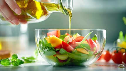 Olive Oil with Benefits Concept. Fresh Ingredients for Healthy Salad Preparation