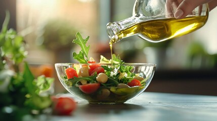 Olive Oil with Benefits Concept. Fresh Salad Preparation with Olive Oil Drizzle