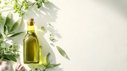 Olive Oil with Benefits Concept. Culinary Herbs and Olive Oil on a Light Surface