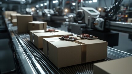 Automated factory conveyor belt with cardboard boxes. Robots and machinery in the background.  Possible use for logistics or automation concepts