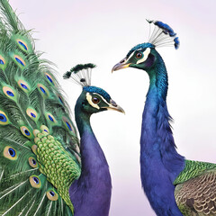 Obraz premium Peacocks, ultra-realistic front view of a peacock with its stunning, fully fanned tail, showcasing vibrant blues, greens, and golds, set against a lush natural backdrop.