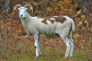 Majestic Ram Sheep in Autumn Meadow, Brown and White Fur
