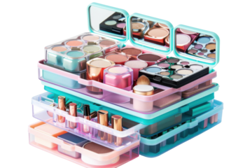 Colorful array of cosmetic palettes and accessories in a stylish organizer on a bright surface isolated on transparent background