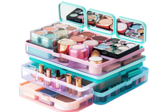 Colorful array of cosmetic palettes and accessories in a stylish organizer on a bright surface isolated on transparent background
