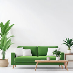 Bright Green Sofa in Minimalist Living Room With Indoor Plants
