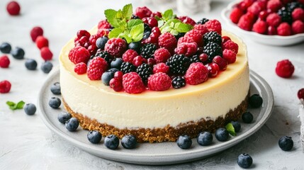 A creamy cheesecake topped with an assortment of fresh berries, including raspberries, blueberries, and blackberries, served on a gray plate.