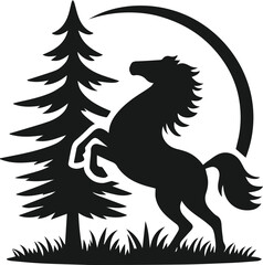 Vector silhouette of a horse with forest tree