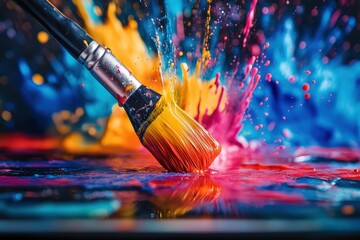 Vibrant paint splashes and brush strokes creating an explosion of color on a canvas
