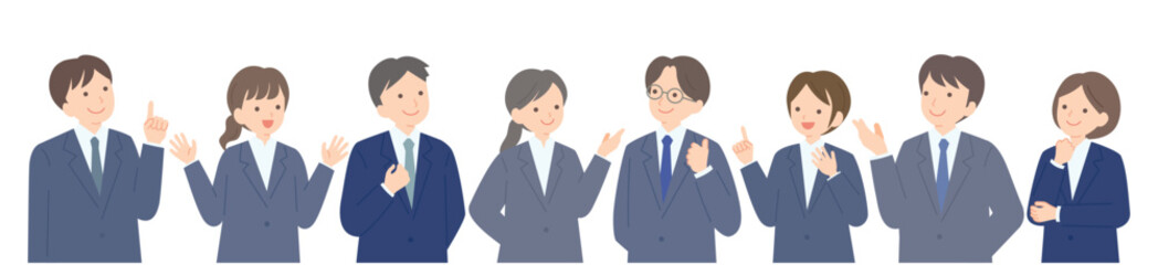 スーツ姿のビジネスパーソン男女8人のイラスト（上半身）
