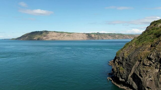 Aerial View from Whatipu Beach Looking Toward Coastal Cliffs Across Manukau Harbour, New Zealand