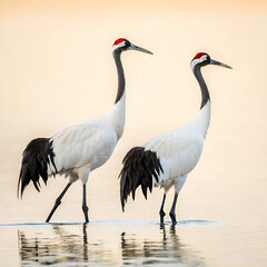 Obraz premium Red-crowned cranes, elegant full-body view of two cranes standing gracefully, with their striking red crowns and white feathers, set against a serene landscape of snow or tall grasses.