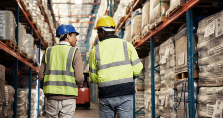 Logistics, people and walking in warehouse with inspection for supply chain, shipping storage and...