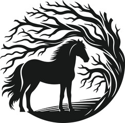Vector silhouette of a horse with forest tree