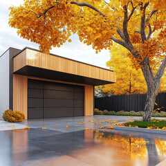 Modern House with Wooden Facade and Autumn Leaves in the Garden