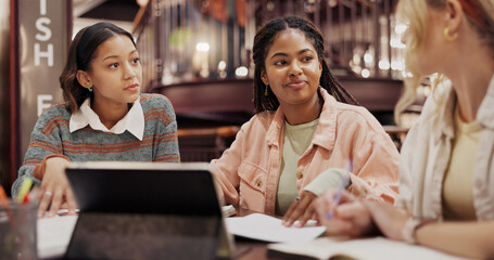 College, education and study with people in library for group project, discussion and friends. University, team assignment and tablet with students on campus for knowledge, future and scholarship