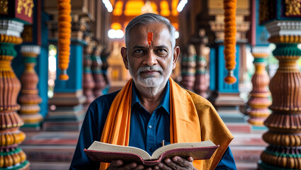 Portrait of Hindu Priest with Intense Gaze Holding Religious Literature in Temple Ritual Space with Golden Pillars and Spiritual Vibes