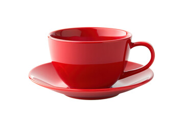 A vibrant red cup and saucer resting on a minimalist white surface, inviting a moment of warmth and joy during a cozy afternoon break isolated on transparent background