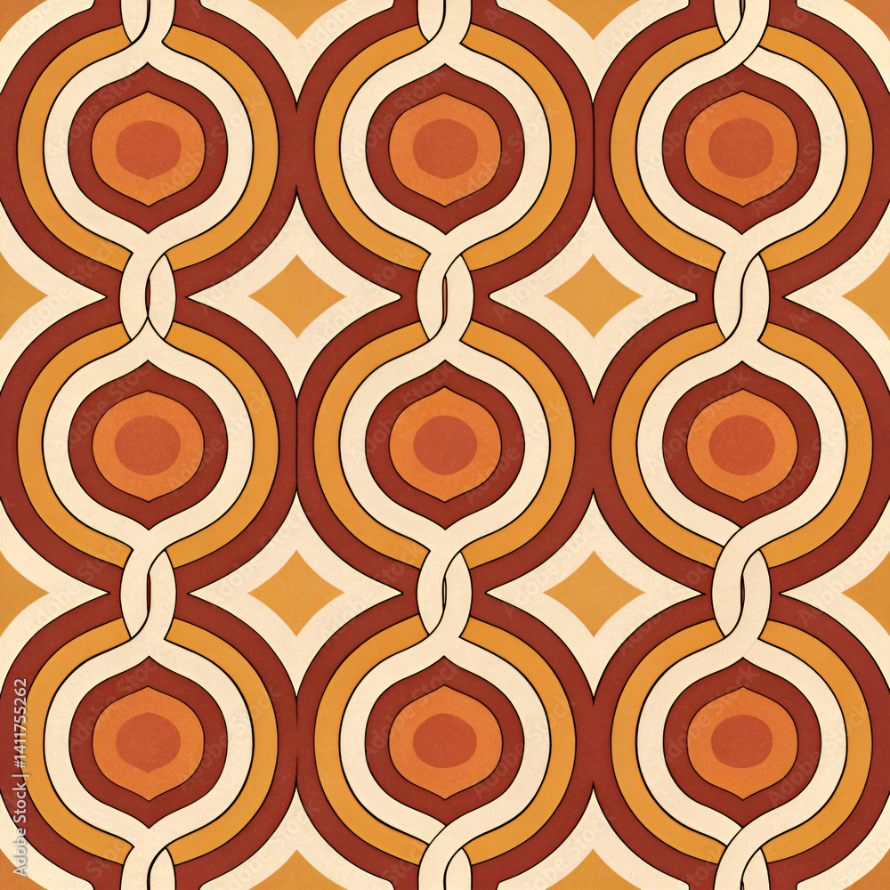 Aufkleber retro 70s geometric loop pattern seamless vector, featuring bold, swirling loops and vibrant colors 