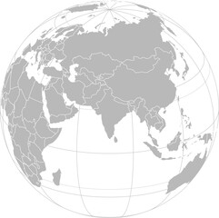 World vector map with country boundaries and graticules (India-centered view, orthographic projection, PPT-compatible & fully editable)