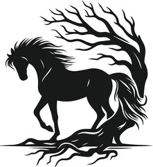 Vector silhouette of a horse with forest tree