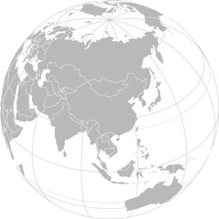 World vector map with country boundaries and graticules (China-centered view, orthographic projection, PPT-compatible & fully editable)
