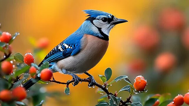 Colorful blue jay perched on branch with berries