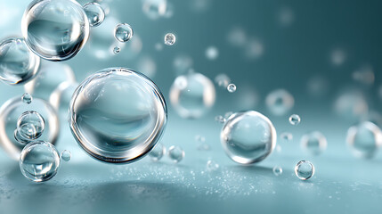 Floating air bubbles and clear bubble texture on soft blue gradient background for skincare concept