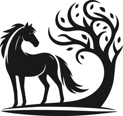 Vector silhouette of a horse with forest tree