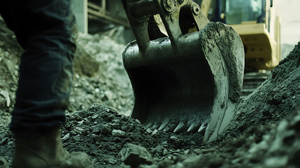 Construction worker operating a backhoe on a construction site. Featuring machinery handling and focus