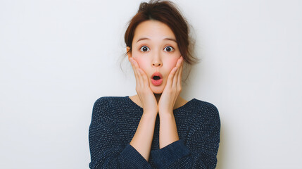 頬に手を当てて驚いた表情の日本人女性