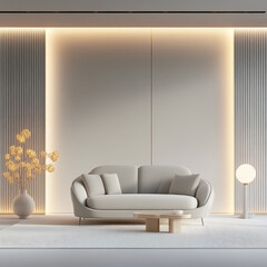 Modern Minimalist Living Room with Soft Lighting and Neutral Colors