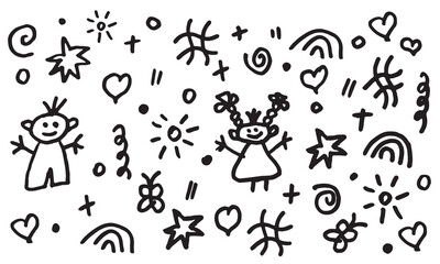 Vector set of different doodles, girl, stars, boy, shell, sun, stars, rainbow, heart, signs and symbols. Hand drawn, doodle elements isolated on white background