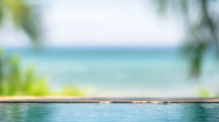 Blurred beach resort swimming pool edge with ocean horizon, turquoise gradient, bokeh effectץ 
