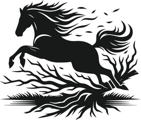 Vector silhouette of a horse with forest tree