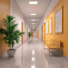 Bright and Modern Hallway with Plants and Benches in Office Setting