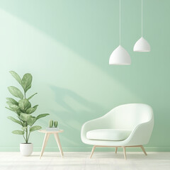 Modern Minimalist Living Room with Mint Green Walls and Plants