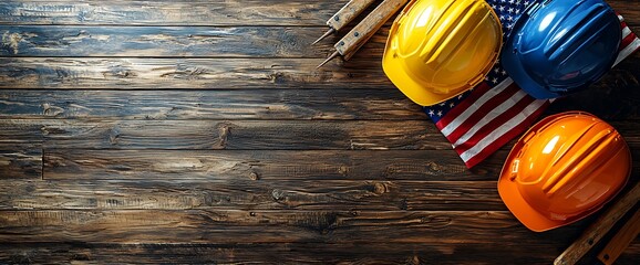 Labor Day Hard Hats  American Flag on Wood.