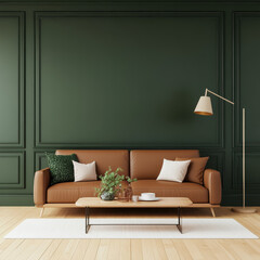 Cozy Living Room Interior with Green Wall and Stylish Brown Sofa