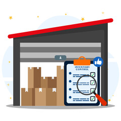 Concept inspecting stock of goods in a storage warehouse. Document of inventory control, checklist availability of goods, storage management, checking supply of goods. 