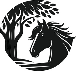 Vector silhouette of a horse with forest tree
