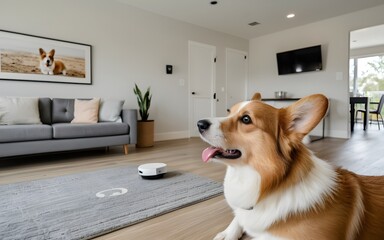 Happy Corgi Relaxing in Modern Living Room with Robot Vacuum on Rug