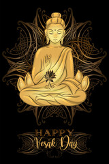 Vector greeting card for Vesak Day with golden Buddha and mandala on black background. Includes  - Happy Vesak Day text. Spiritual festive art in boho oriental style, for Southeast Asia region
