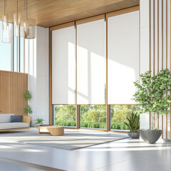 Modern interior design of a bright living room with large windows