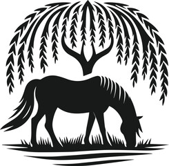 Vector silhouette of a horse with forest tree