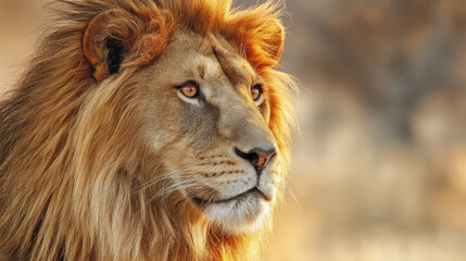 Obraz premium A majestic lion portrait with a golden mane glowing in warm sunlight against a blurred savanna background, detailed fur texture and piercing eyes