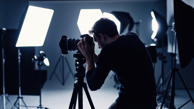 Photographer adjusting camera settings in a professional studio. Featuring artistic vision and expertise